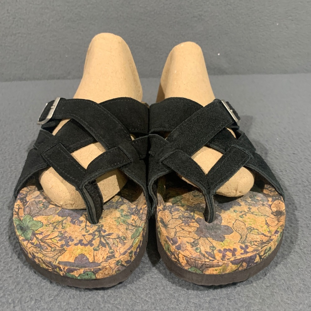 Muk Luks Womens Black Suede Floral Cork Footbed Strappy Thong Sandals Size 7